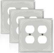 Metal Double Outlet Covers Wall Plate, Brushed Nickel Decorative Light Switch Plate 2 Gang Duplex Outlet Covers - Classic Retro Style, 3 Pack