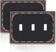 2 Pack Triple Toggle Light Switch Covers Plate, Oil Rubbed Bronze Decorative Metal Switch Plate Covers, 3 Gang Wall Plate for Light Switch - Classic Retro Style