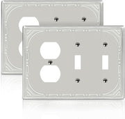 Combination Metal Light Switch Covers Wall Plate, 2 Toggle/1 Outlet Light Switch Covers Brushed Nickel Decorative 3 Gang Wall Plate - Classic Retro Style, 2 Pack