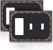 Combination Metal Light Switch Covers Wall Plate, 2 Toggle/1 Decorator Switch Plate Outlet Covers Oil Rubbed Bronze Decorative 3 Gang Wall Plate - Classic Retro Style, 2 Pack