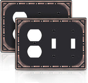 Combination Metal Light Switch Covers Wall Plate, 2 Toggle/1 Outlet Light Switch Covers Oil Rubbed Bronze Decorative 3 Gang Wall Plate - Classic Retro Style, 2 Pack