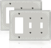 Combination Metal Light Switch Covers Wall Plate, 2 Toggle/1 Decorator Switch Plate Outlet Covers Brushed Nickel Decorative 3 Gang Wall Plate - Classic Retro Style, 2 Pack