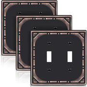 Double Toggle Light Switch Covers Plate, Metal Material 2 Gang Wall Plates for Double Light Switch, Oil Rubbed Bronze Decorative Switch Plate Cover - Classic Retro Style, 3 Pack