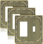 Combination Metal Light Switch Covers Wall Plate, 1 Toggle/1 Decorator Switch Plate Outlet Covers Antique Brass Decorative 2 Gang Wall Plate - Classic Retro Style, 3 Pack