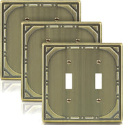 Double Toggle Light Switch Covers Plate, Metal Material 2 Gang Wall Plates for Double Light Switch, Antique Brass Decorative Switch Plate Cover - Classic Retro Style, 3 Pack
