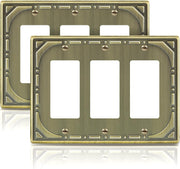 2 Pack Triple Decorator Switch Covers Wall Plate, Antique Brass Decorative Metal Rocker Switch Plates