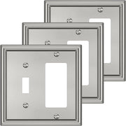 Combination Metal Light Switch Covers Wall Plate, 1 Toggle/1 Decorator Switch Plate Outlet Covers Brushed Nickel Decorative 2 Gang Wall Plate - Classic Style, 3 Pack