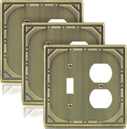 Combination Metal Light Switch Covers Wall Plate, 1 Toggle/1 Duplex Switch Plate Outlet Covers Antique Brass Decorative 2 Gang Wall Plate - Classic Retro Style, 3 Pack