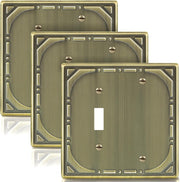 Combination Metal Light Switch Covers Wall Plate, 1 Toggle/1 Blank Switch Plate Outlet Covers Antique Brass Decorative 2 Gang Wall Plate - Classic Retro Style, 3 Pack
