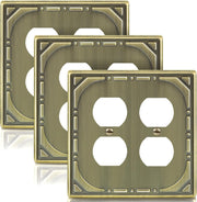Metal Double Outlet Covers Wall Plate, Antique Brass Decorative Light Switch Plate 2 Gang Duplex Outlet Covers - Classic Retro Style, 3 Pack