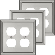 Metal Double Outlet Covers Wall Plate, Brushed Nickel Decorative Light Switch Plate 2 Gang Duplex Outlet Covers - Classic Style, 3 Pack