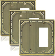 Combination Metal Light Switch Covers Wall Plate, 1 Blank/1 Decorator Switch Plate Outlet Covers Antique Brass Decorative 2 Gang Wall Plate - Classic Retro Style, 3 Pack