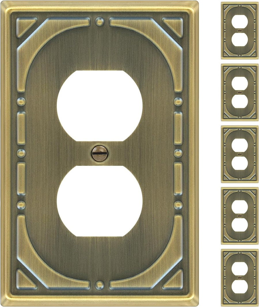 6 Pack Duplex Outlet Covers Wall Plates, Antique Brass Metal Electric Receptacle Cover, Classic Retro Style Decorative Switch Plate and Outlet Cover, 1 Gang Wall Plate for Electrical Outlets