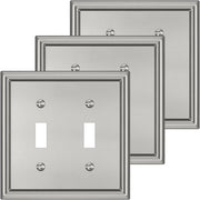 Double Toggle Light Switch Covers Plate, Metal Material 2 Gang Wall Plates for Double Light Switch, Brushed Nickel Decorative Switch Plate Cover - Classic Style, 3 Pack