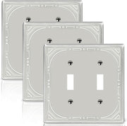 Double Toggle Light Switch Covers Plate, Metal Material 2 Gang Wall Plates for Double Light Switch, Brushed Nickel Decorative Switch Plate Cover - Classic Retro Style, 3 Pack