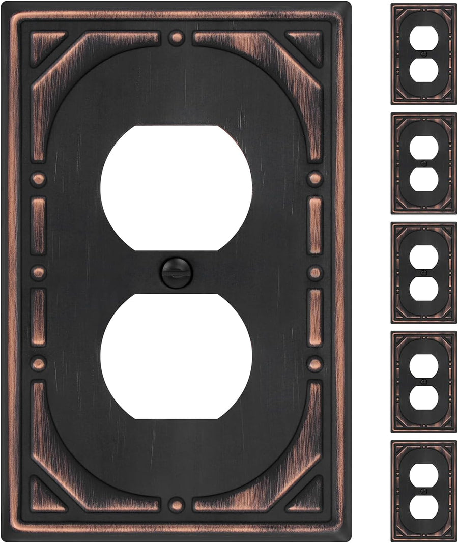 6 Pack Duplex Outlet Covers Wall Plates, Oil Rubbed Bronze Metal Electric Receptacle Cover, Classic Retro Style Decorative Switch Plate and Outlet Cover, 1 Gang Wall Plate for Electrical Outlets
