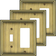 Combination Metal Light Switch Covers Wall Plate, 1 Toggle/1 Decorator Switch Plate Outlet Covers Antique Brass Decorative 2 Gang Wall Plate - Classic Style, 3 Pack