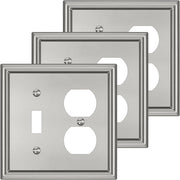Combination Metal Light Switch Covers Wall Plate, 1 Toggle/1 Duplex Switch Plate Outlet Covers Brushed Nickel Decorative 2 Gang Wall Plate - Classic Style, 3 Pack