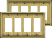 2 Pack Quad Decorator Switch Covers Wall Plate, Antique Brass Metal Material Rocker Switch Plates, 4 Gang Wall Plate for Receptacle, GFCI Outlet, Dimmer Switch - Classic Style