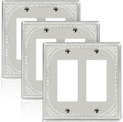 Double Decorator Switch Covers Wall Plate, Brushed Nickel Decorative Rocker Switch Plates Outlet Covers for Receptacle, GFCI Outlet, Dimmer - Classic Retro Style, 3 Pack