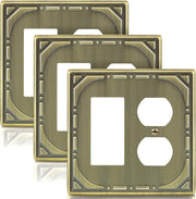 Combination Metal Light Switch Covers Wall Plate, Outlet /1 Decorator Switch Plate Outlet Covers Antique Brass Decorative 2 Gang Wall Plate - Classic Retro Style, 3 Pack