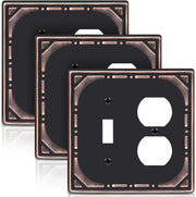 Combination Metal Light Switch Covers Wall Plate, 1 Toggle/1 Duplex Switch Plate Outlet Covers Oil Rubbed Bronze Decorative 2 Gang Wall Plate - Classic Retro Style, 3 Pack